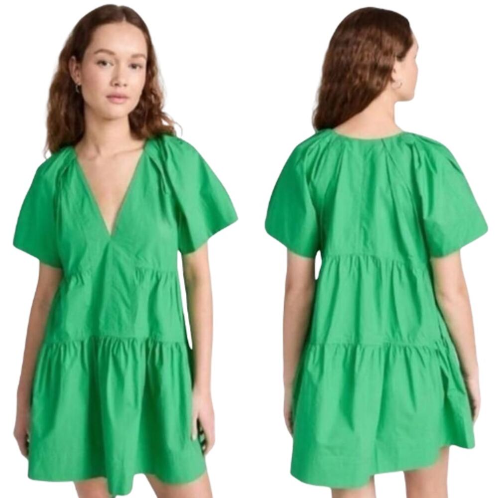NEW A.L.C. Camila Cotton Pleated Ruffled Short Sleeve Mini Dress Green Size: 4